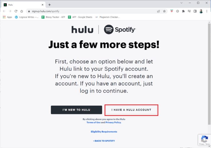 choose I Have a Hulu Account | Activate Hulu with Spotify Student