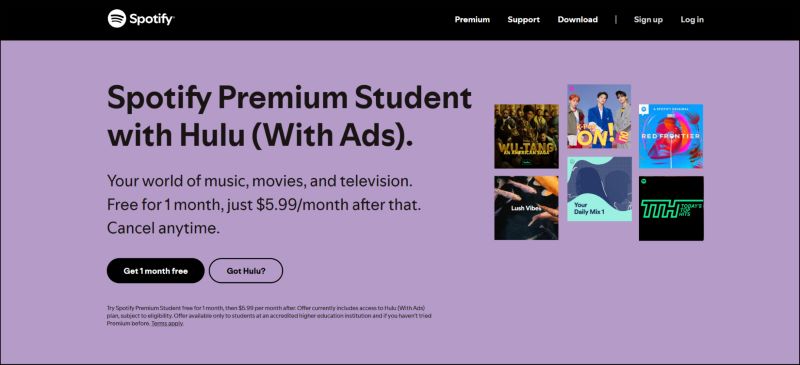 click Get 1 month free | Activate Hulu with Spotify Student