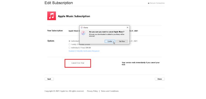 choose Confirm option | Cancel Apple Music Subscription