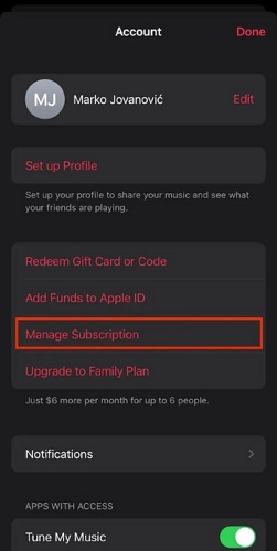 tap Manage Subscription | Cancel Apple Music Subscription