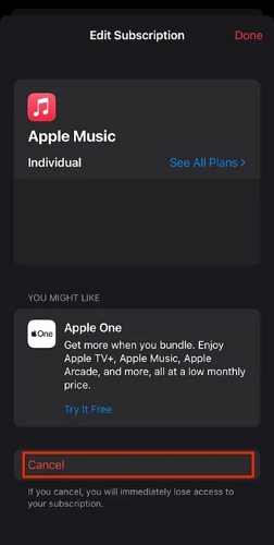 choose Cancel | Cancel Apple Music Subscription