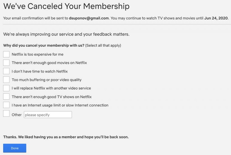 returned to the Account | cancel netflix subscription