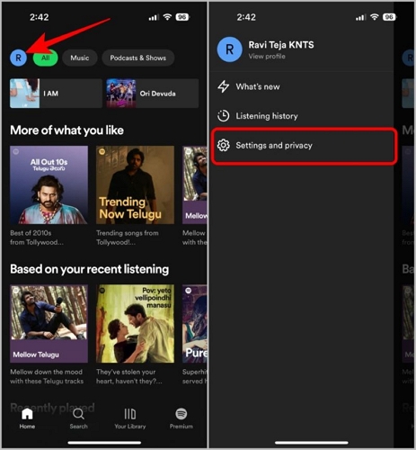 tap Settings and Privacy | Download Songs on Spotify on iPhone