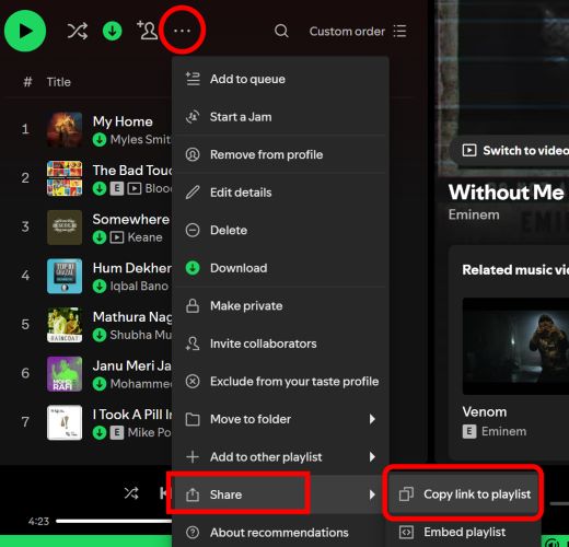 select Copy Link to Playlist | Where Are Spotify Downloads Stored