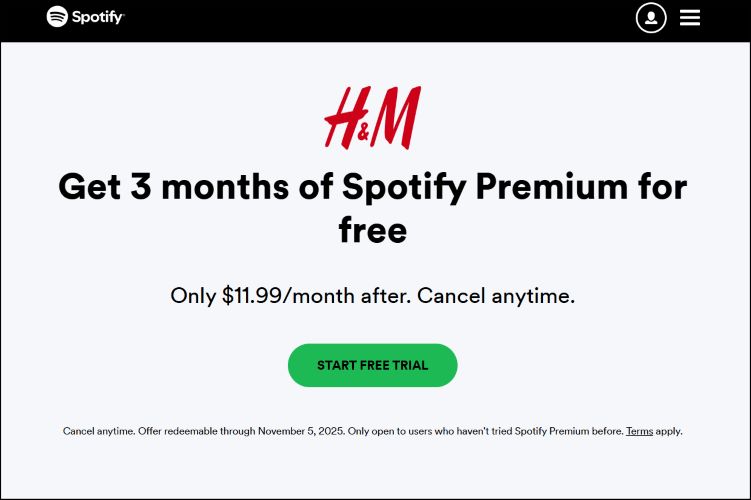 H&M Spotify free trial | Get Spotify Premium for Free