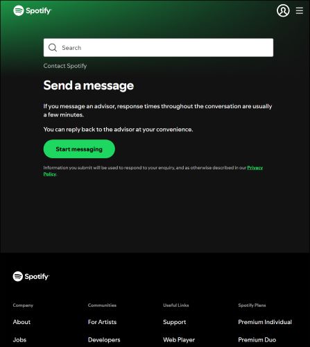 choose Start Messaging | Cancel Spotify Premium Subscription