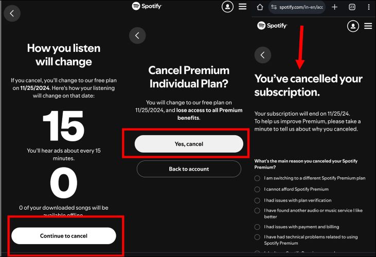 select Continue to Cancel | Cancel Spotify Premium Subscription