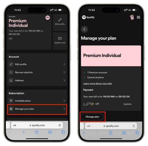 choose Manage your plan | Cancel Spotify Premium Subscription