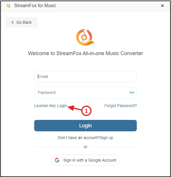 click Login with License | StreamFox All in One Converter User Guide