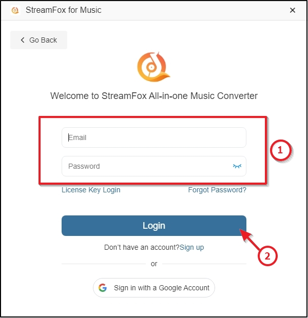 login StreamFox for Music with password | StreamFox All in One Converter User Guide