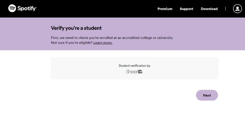 verify via SheerID | Get a Student Discount on Spotify