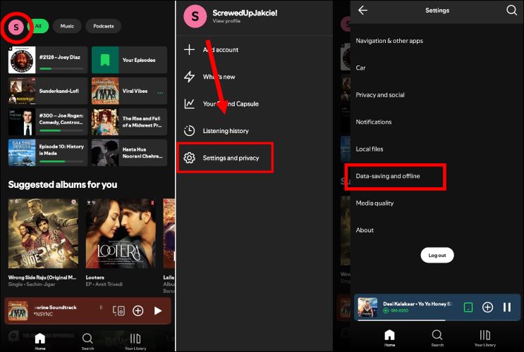 tap Data saving and offline | Remove Downloads from Spotify