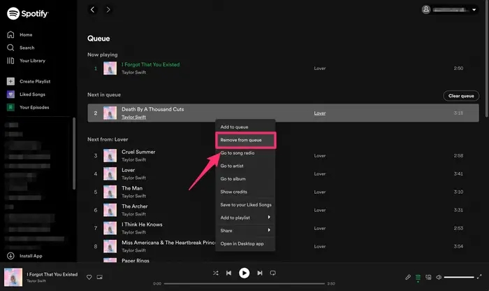 select Remove from queue | Clear Queue on Spotify
