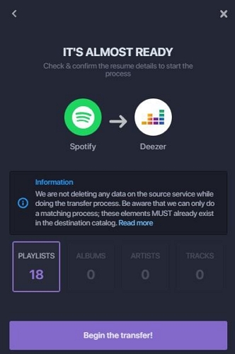 hit Begin the transfer | Best Spotify Playlist Converters