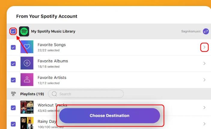 click Choose Destination | Transfer Spotify Songs or Playlists to Tidal