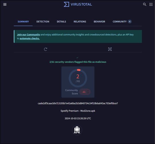 VirusTotal | xManager Spotify APK